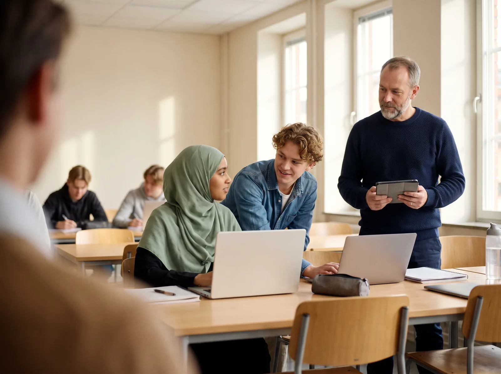 Two upper secondary students work at their laptops while their teacher stands beside them with a tablet and listens