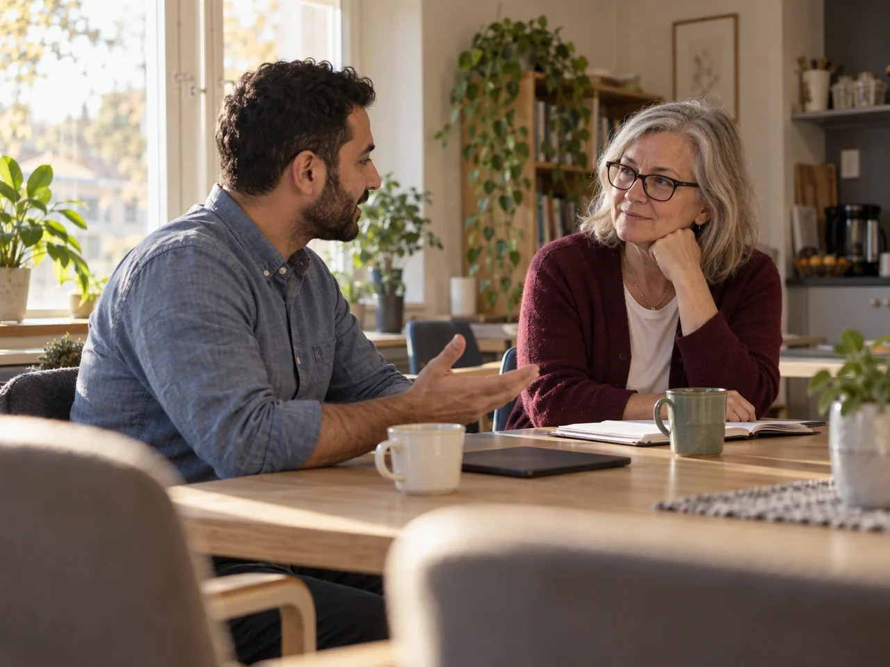 A principal and a teacher in conversation at a table in the staff room