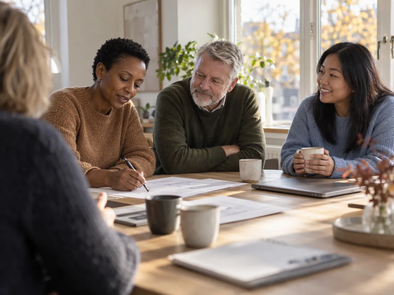 School leaders and a colleague from the education office plan together around a meeting table