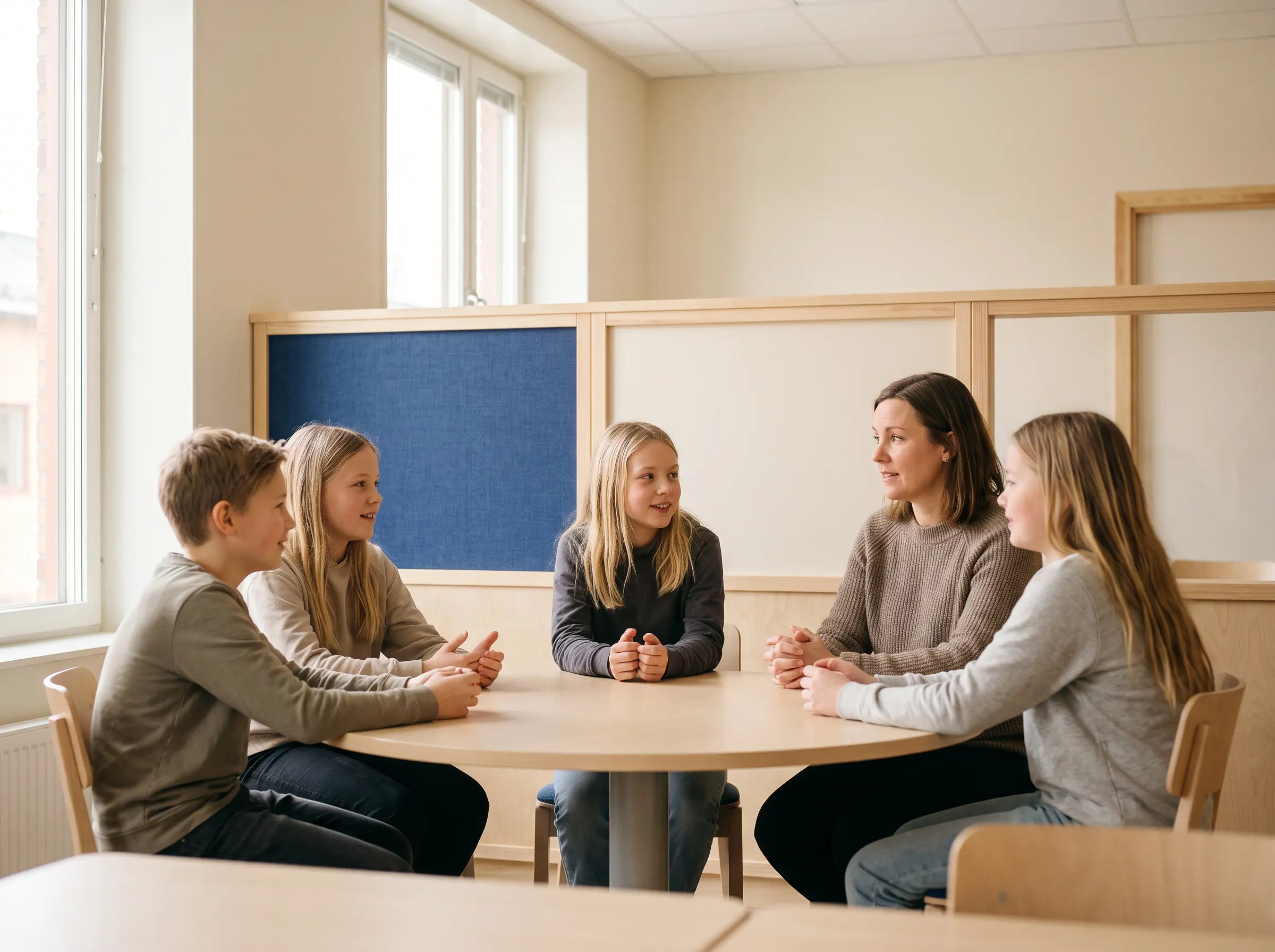 A teacher in conversation with four students around a classroom table