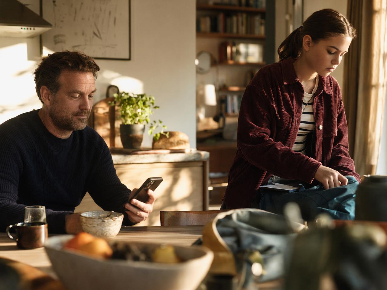 En pappa vid frukostbordet medan dottern packar skolväskan