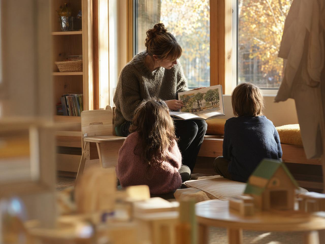 A member of staff reads a picture book to the children at preschool