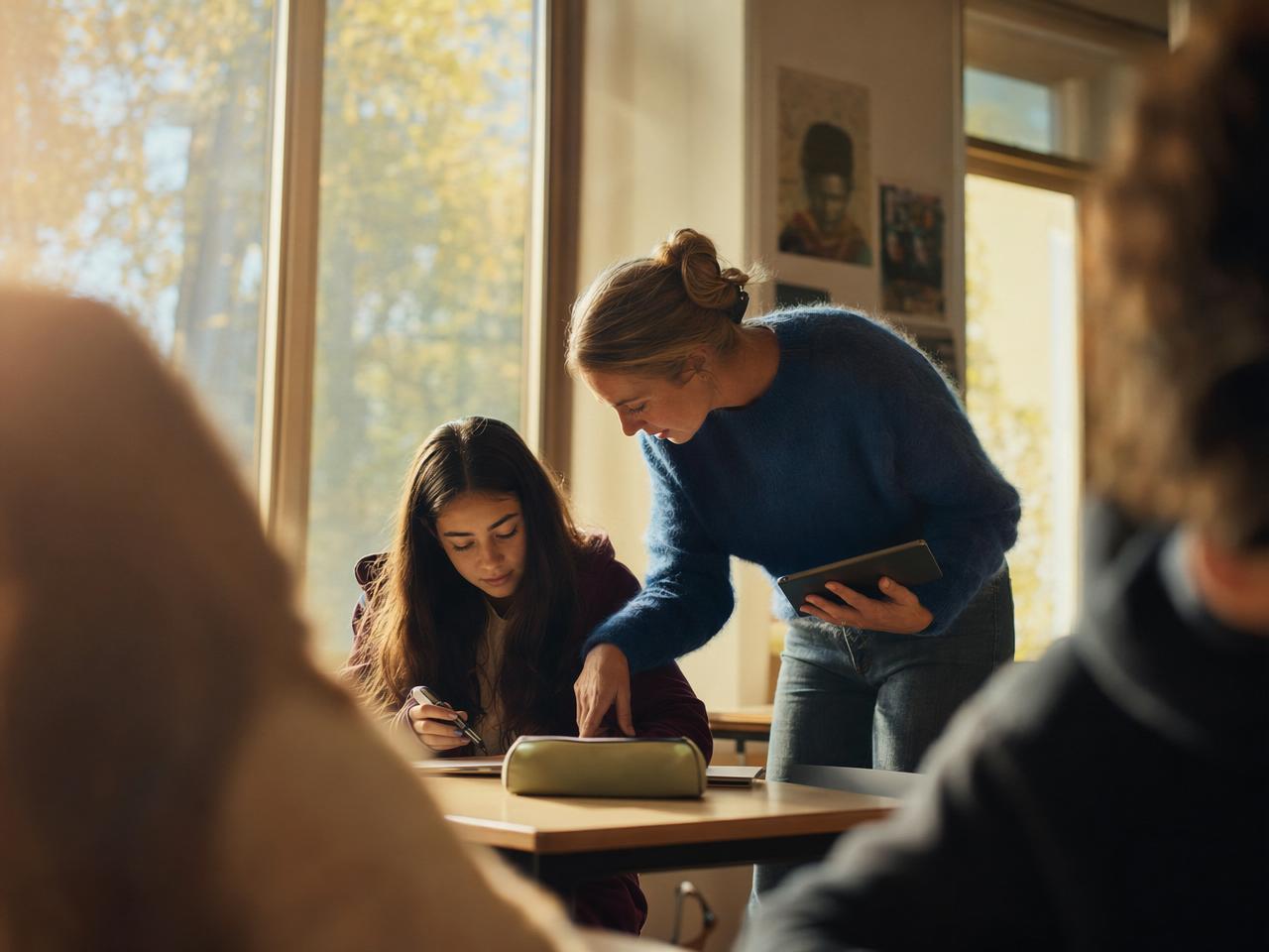 En lärare hjälper en elev vid bänken i ett soligt klassrum