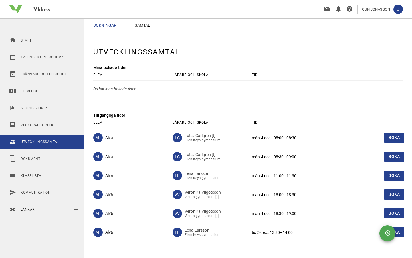 Bokning av utvecklingssamtal i Vklass, där hemmet väljer bland lärarens bokningsbara tider