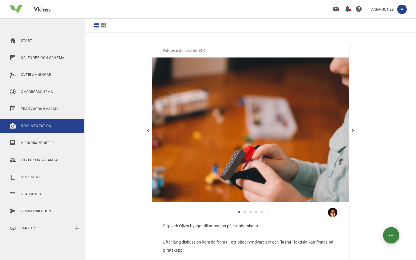 Documentation feed in Vklass with a photo and educational text from preschool life