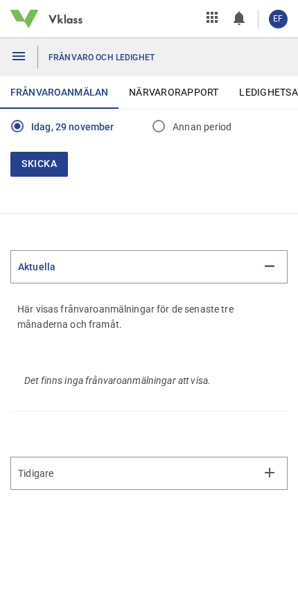 Mobil frånvaroanmälan för myndig elev i Vklass med dagens datum och tidigare anmälningar