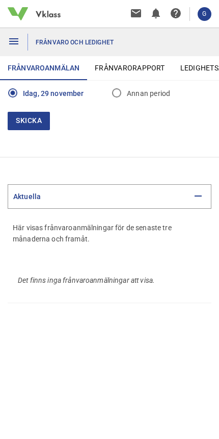 Mobil frånvaroanmälan i Vklass med val för idag eller annan period och översikt över aktuella anmälningar