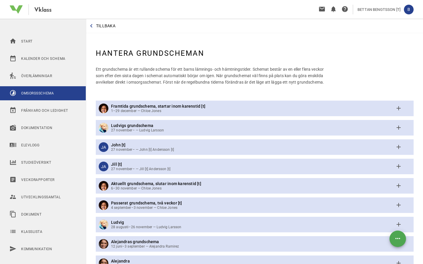 The care schedule in Vklass, where a guardian manages the children's rolling base schedules for drop-off and pick-up