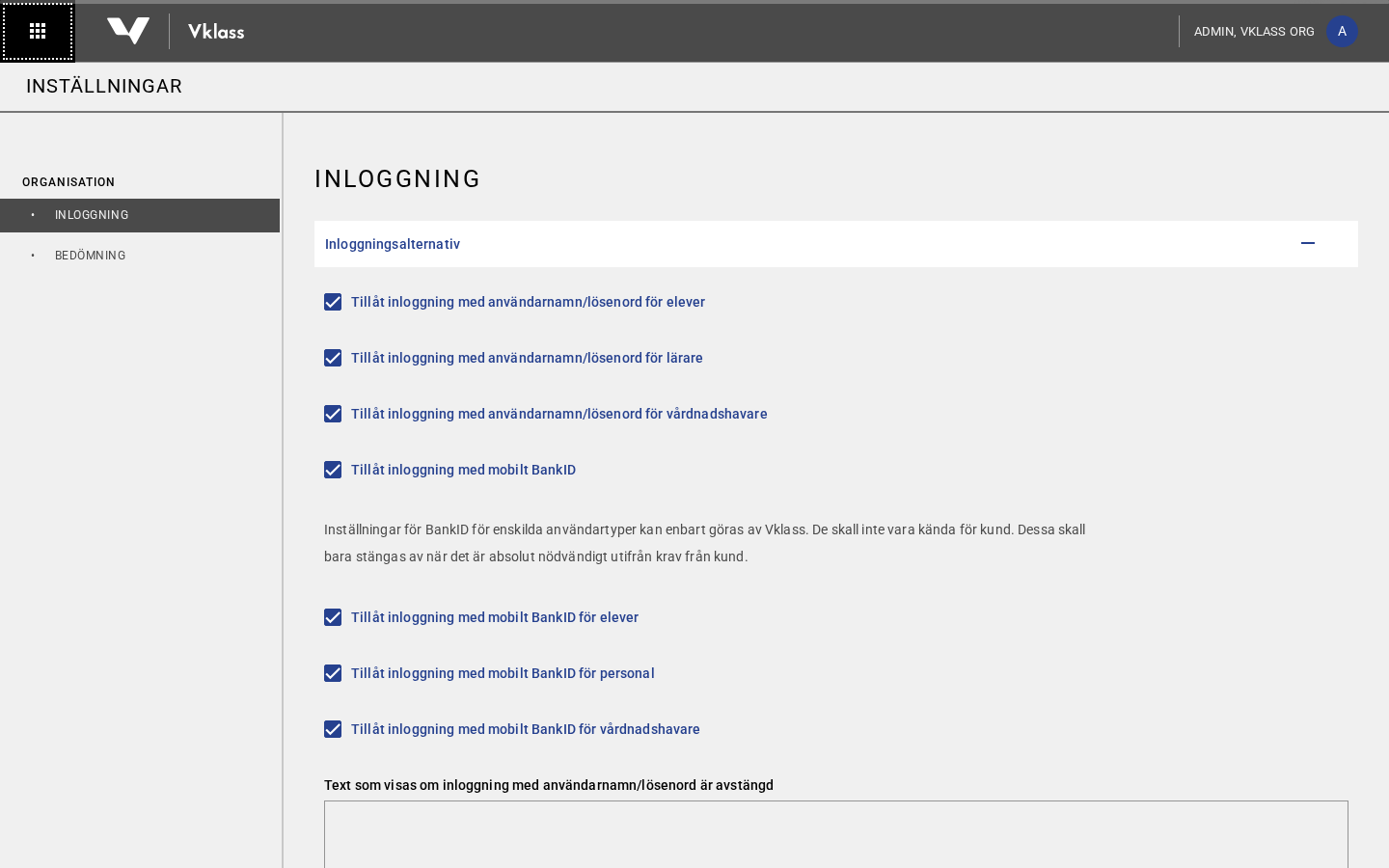 Organization administration in Vklass, with the school authority's settings for sign-in options at organization level