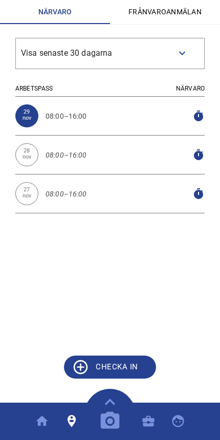 Mobile attendance view in Vklass praktik with three shifts and a clear check-in button
