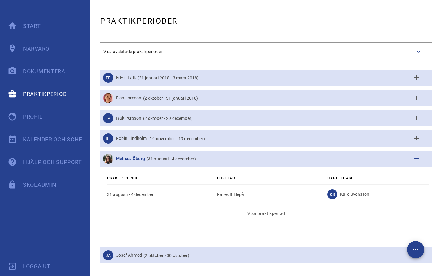Placement periods in Vklass praktik with student, period, company and supervisor together